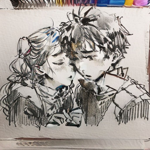 a drawing of a couple in love on a piece of paper with crayons and markers in the background