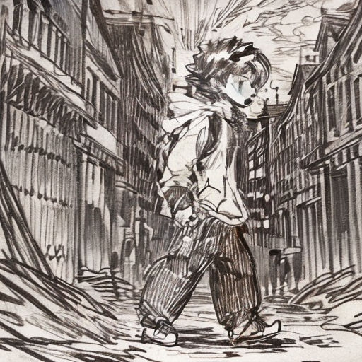 a drawing of a person walking down a street with a suitcase in his hand and a dog in the background