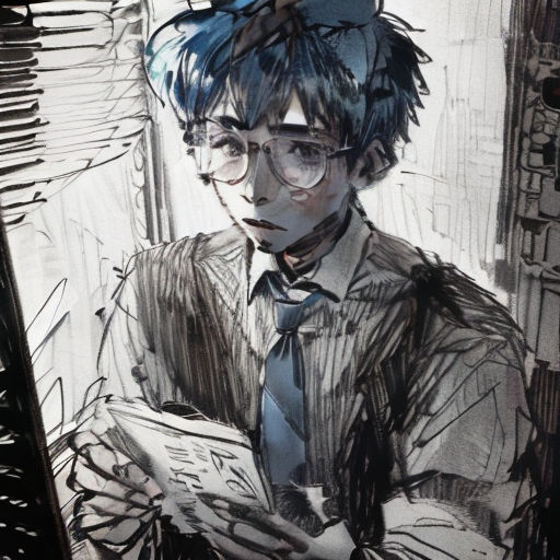 a drawing of a man with glasses and a tie reading a book in front of a window with a bird on his head