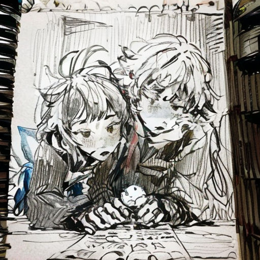 a drawing of two children sitting on a table next to each other with a bookcase in the background