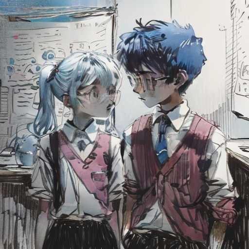 two people standing next to each other in front of a window with a blue hair and a white shirt