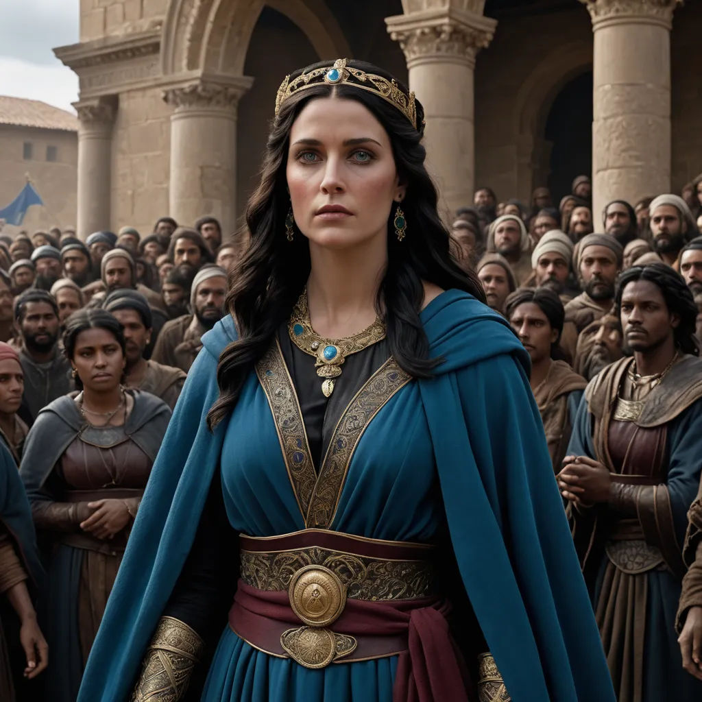 a woman in a blue dress standing in front of a crowd of people in ancient costumes and headdress, antipodeans, a renaissance painting, Araceli Gilbert, promotional image