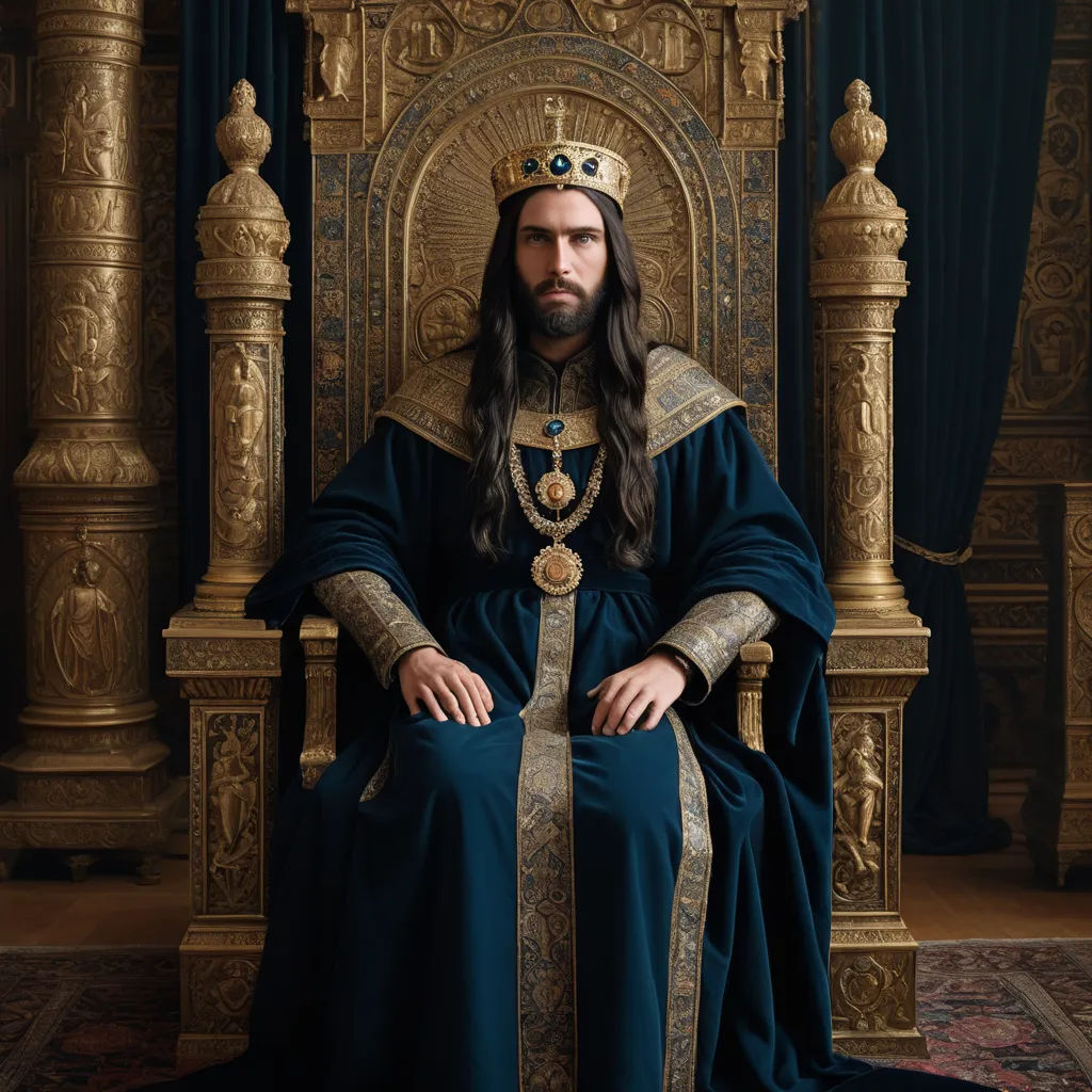 a man in a blue robe sitting on a golden throne with a crown on his head and a blue robe on, pre-raphaelitism, a flemish Baroque, Carl Gustaf Pilo, promotional image