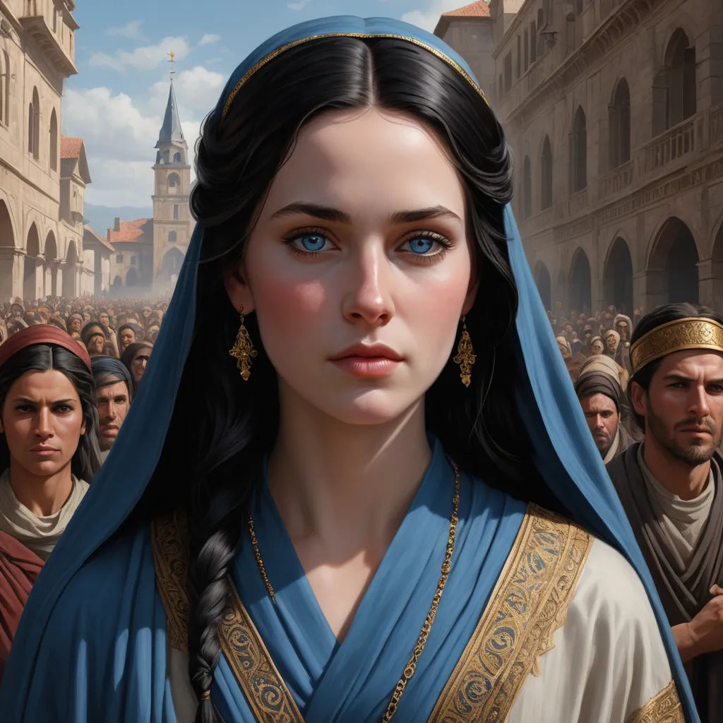 a painting of a woman in a blue dress with a crowd of people behind her in a city square, fantasy art, a detailed painting, Clint Cearley, trending on artstation hq