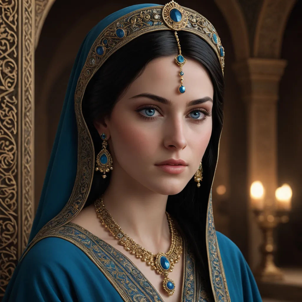 a woman in a blue dress with a gold head piece and a blue veil on her head and a candle in the background, qajar art, a detailed painting, Altoon Sultan, highly detailed digital painting