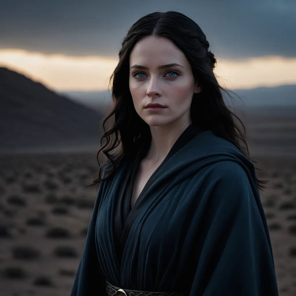 a woman in a black dress standing in a desert area with a mountain in the background and a cloudy sky, pre-raphaelitism, a character portrait, Cassandra Austen, promotional image