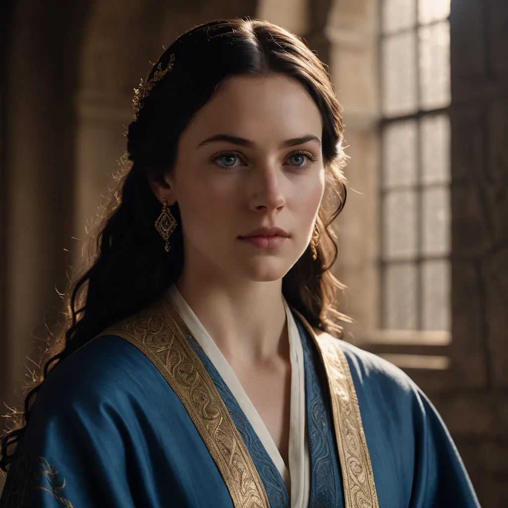 a woman in a blue dress with a gold trim around her neck and a gold chain around her neck, pre-raphaelitism, a character portrait, Constance Gordon-Cumming, promotional image
