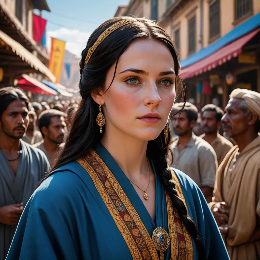 a woman in a blue dress standing in front of a crowd of people in a market place with a man in the background, pre-raphaelitism, a character portrait, Amalia Lindegren, promotional image