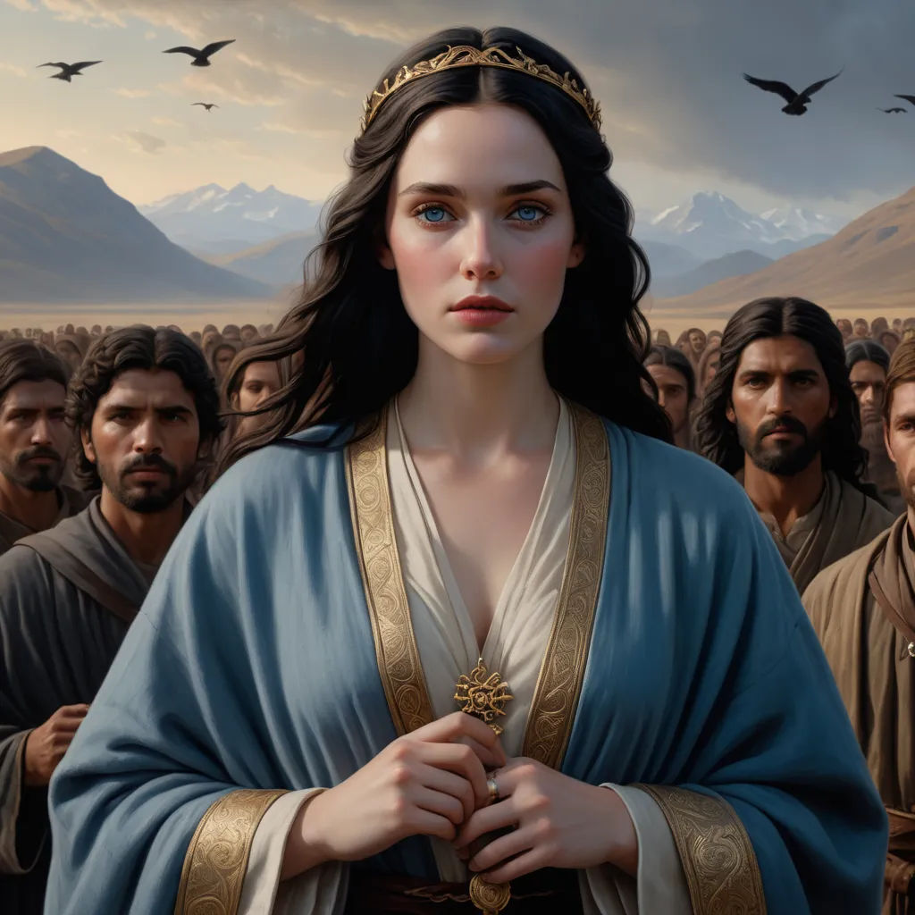 a painting of a woman in a blue dress surrounded by men in a field of wheat with birds flying overhead, pre-raphaelitism, a detailed painting, Donato Giancola, trending on artstation hq