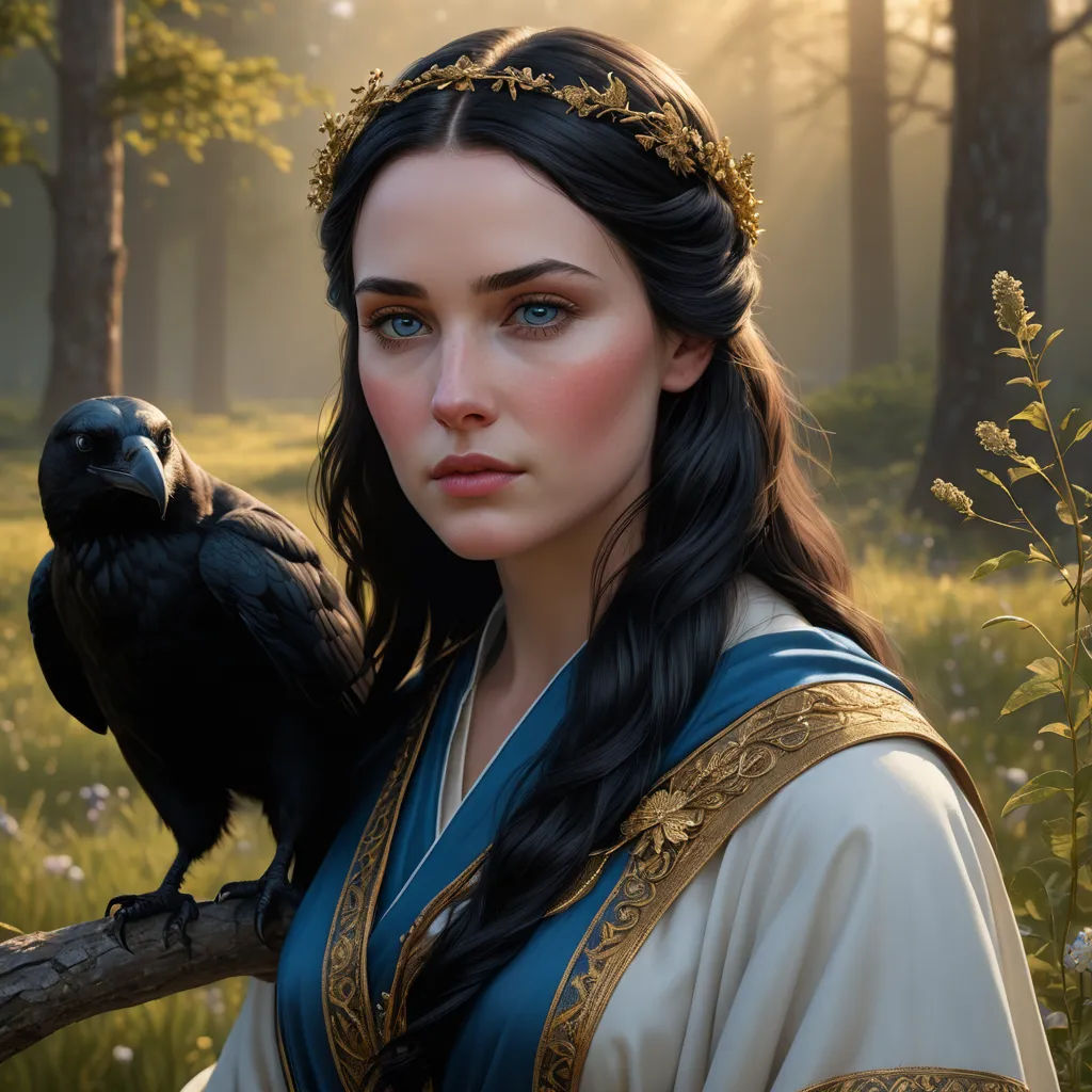 a woman in a blue dress holding a black bird on a branch in a forest with tall grass and trees, fantasy art, a photorealistic painting, Art of Brom, trending on artstation hq