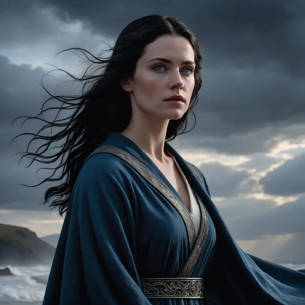 a woman in a blue dress standing on a beach under a cloudy sky with a long flowing hair in the wind, fantasy art, a detailed matte painting, Cassandra Austen, promotional image