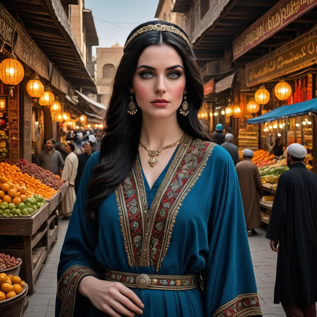 a woman in a blue dress standing in a market area with a lot of fruit and vegetables on display, cloisonnism, egyptian art, Altoon Sultan, orientalism