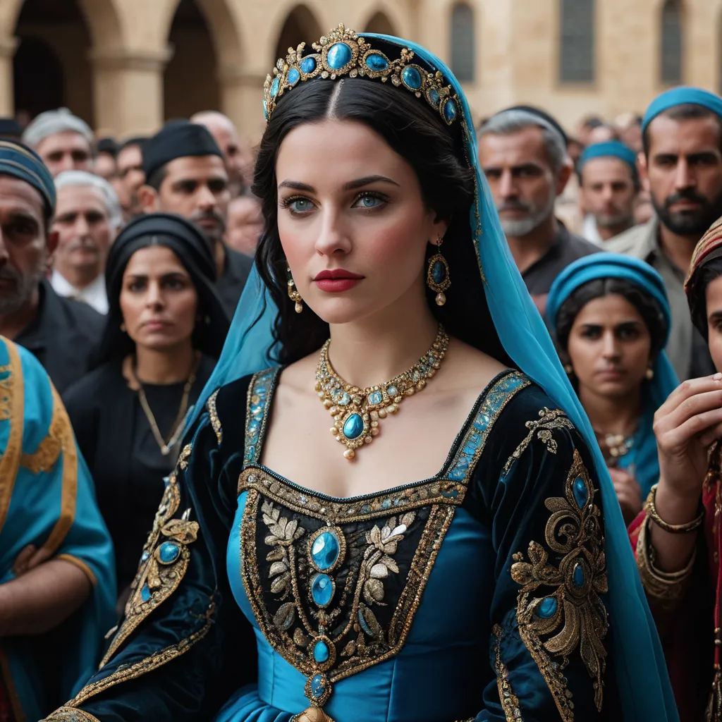 a woman in a blue dress and a man in a suit and turban stand in front of a crowd, hurufiyya, a renaissance painting, Altoon Sultan, promotional image