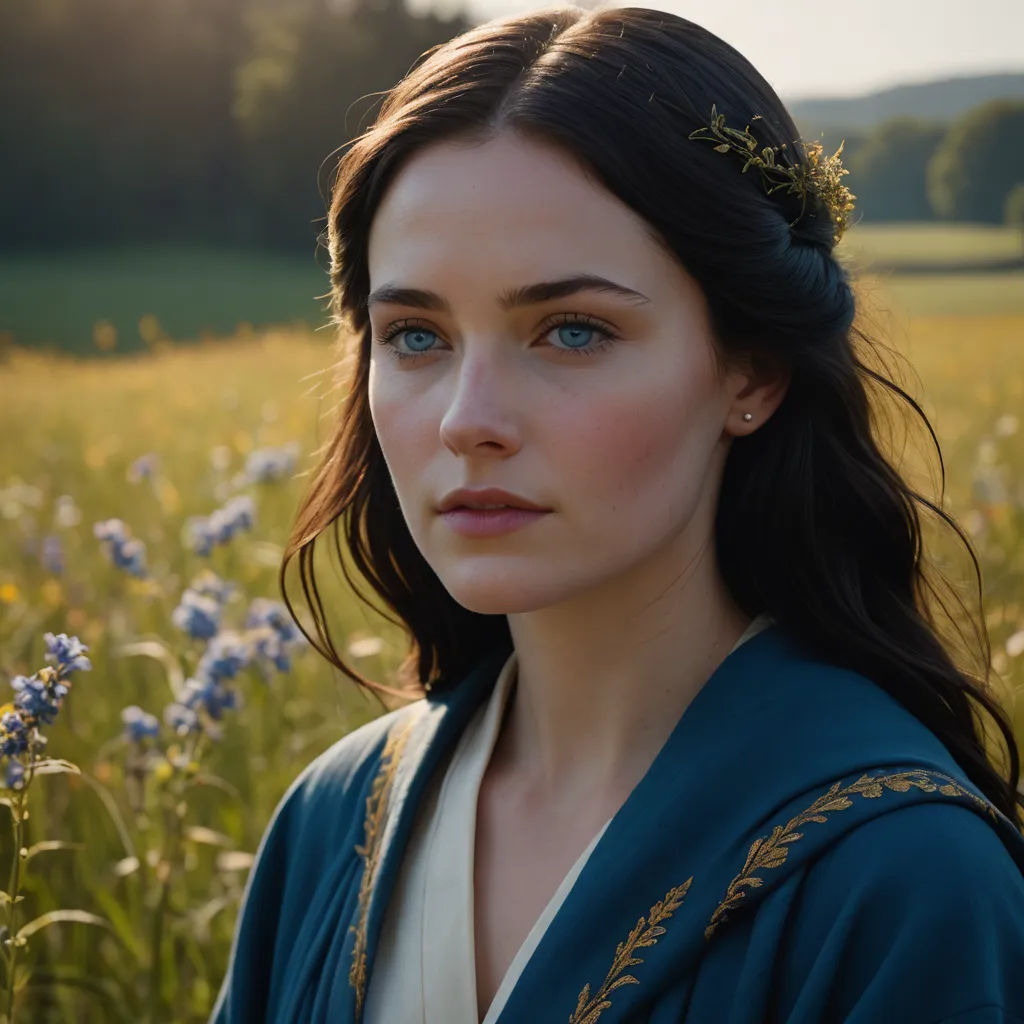 a woman in a field of flowers with a blue robe on her shoulders and a green jacket on her shoulders, pre-raphaelitism, a character portrait, Cassandra Austen, promotional image