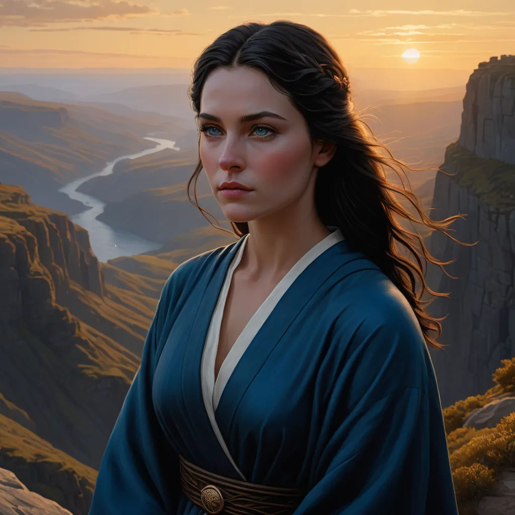 a painting of a woman in a blue dress standing on a cliff overlooking a valley and a river at sunset, fantasy art, a detailed matte painting, Christophe Vacher, epic fantasy character art
