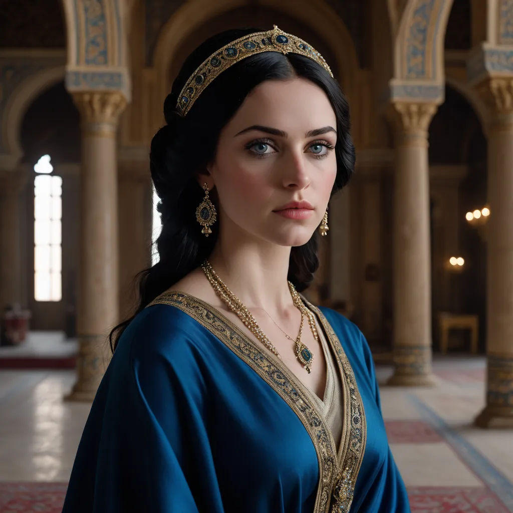 a woman in a blue dress with a tiara on her head and a blue dress with gold trim, qajar art, a character portrait, Altoon Sultan, promotional image