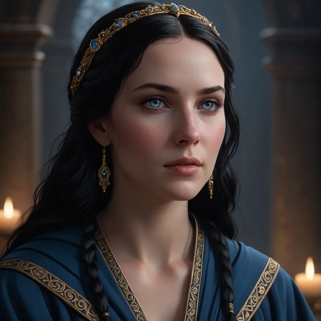 a woman with a blue dress and a tiara on her head and a candle in the background with candles in the background, fantasy art, a detailed painting, Cedric Peyravernay, highly detailed digital painting