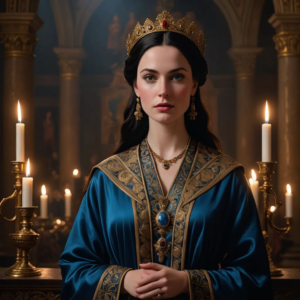 a woman in a blue dress and crown standing in front of candles in a room with a chandelier, qajar art, a character portrait, Constance Gordon-Cumming, promotional image