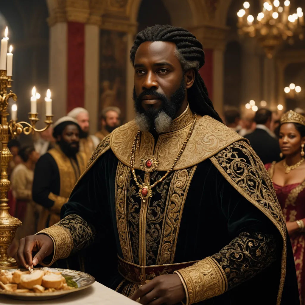 a man in a renaissance costume standing in front of a table with food on it and candles in the background, afrofuturism, a renaissance painting, Chinwe Chukwuogo-Roy, regal