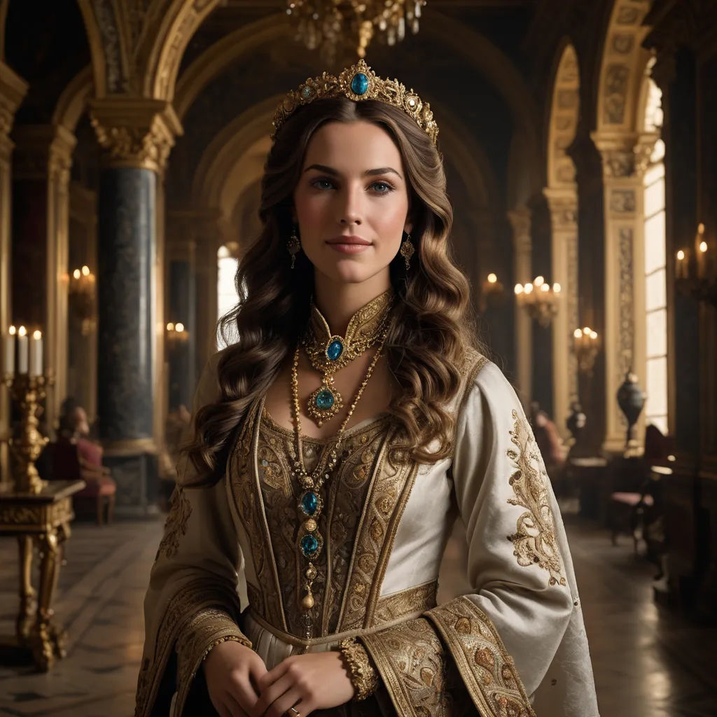 a woman in a renaissance dress in a palace setting with chandeliers and chandeliers on her head, rococo, a flemish Baroque, Araceli Gilbert, promotional image
