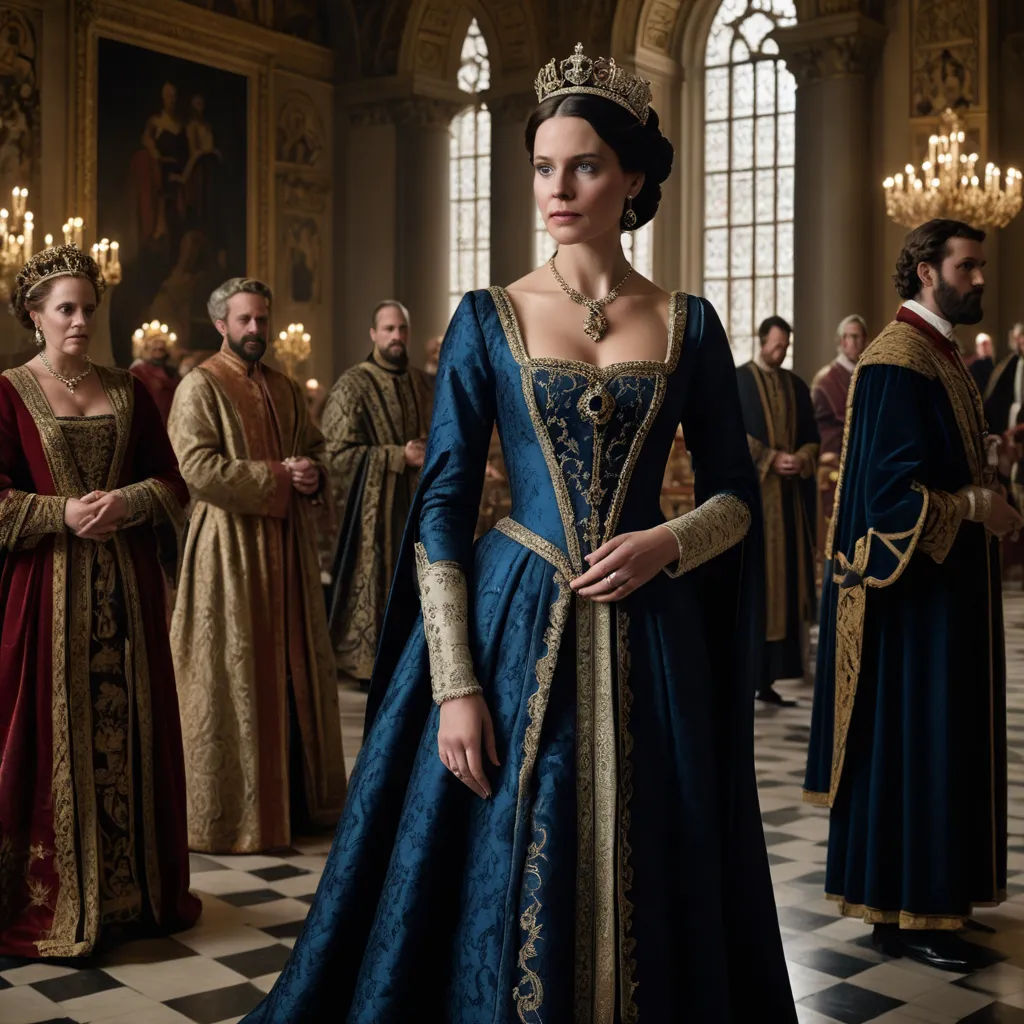 a woman in a blue dress standing in a room with other people in costume around her and a man in a crown, renaissance, a flemish Baroque, Anna Maria Barbara Abesch, promotional image