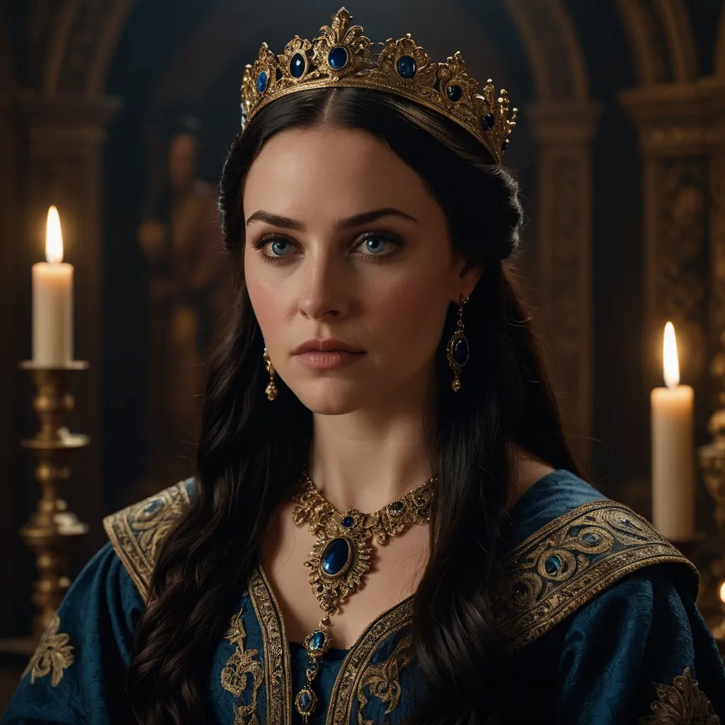 a woman in a blue dress wearing a crown and a candle in the background with a candle lit room in the background, antipodeans, a flemish Baroque, Amalia Lindegren, promotional image