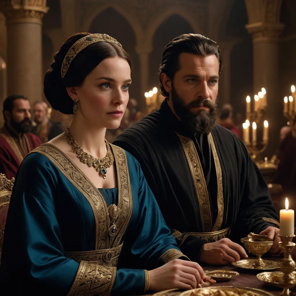 a man and a woman sitting at a table in a room with candles in the background and a man in a black suit and a beard, antipodeans, a renaissance painting, Altoon Sultan, promotional image