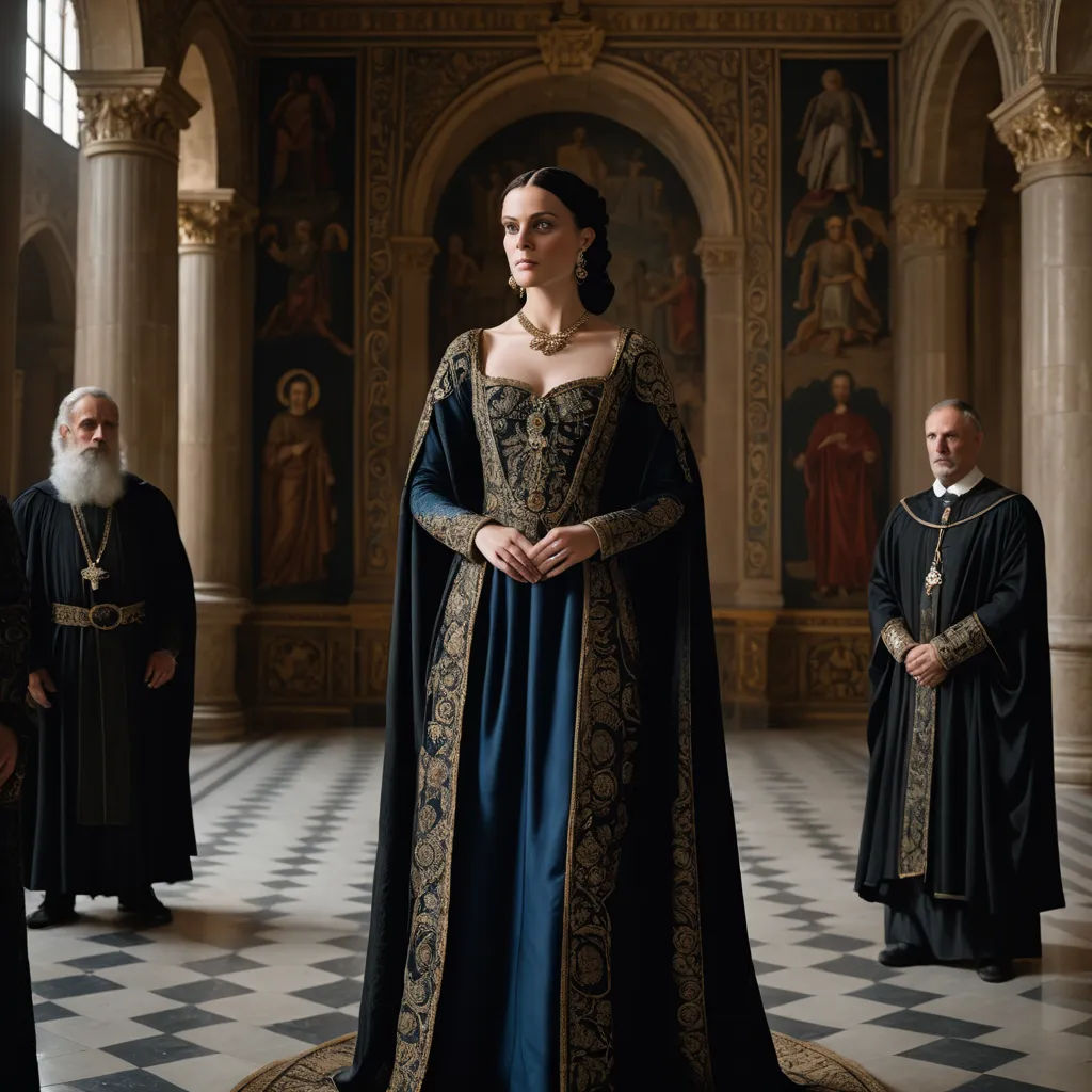 a woman in a blue dress standing in a room with other people in black and gold outfits and a man in a white beard, renaissance, a flemish Baroque, Anna Maria Barbara Abesch, promotional image