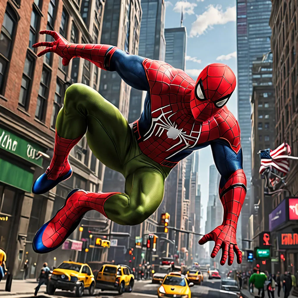 a spider man is flying over a city street in a cartoon style, with a taxi cab in the background, photorealism, computer graphics, Alton Tobey, marvel comics