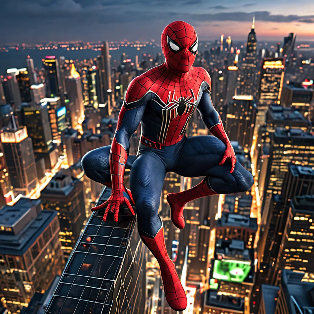 a spider man is hanging out on a skyscraper ledge in a city at night time, with the city lights in the background, photorealism, a 3D render, Alton Tobey, 4k uhd image