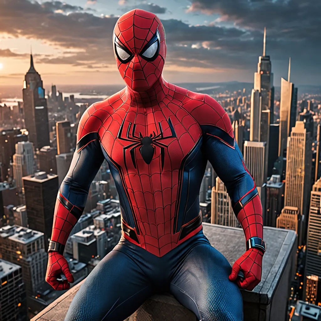 a man in a spider suit is sitting on a ledge in front of a cityscape at sunset, de stijl, a comic book panel, Alton Tobey, marvel comics
