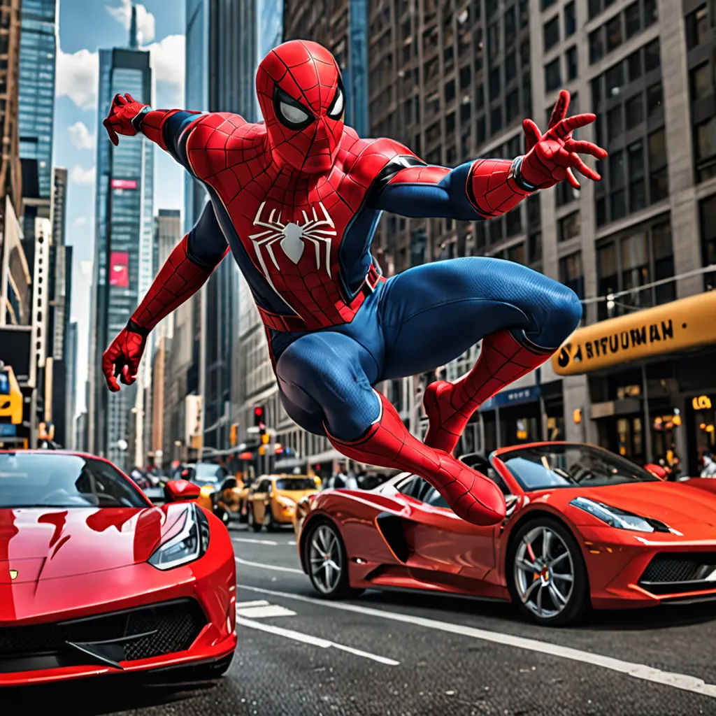 a spider man is jumping over a red sports car in a city street with skyscrapers in the background, superflat, a comic book panel, Alton Tobey, promotional image
