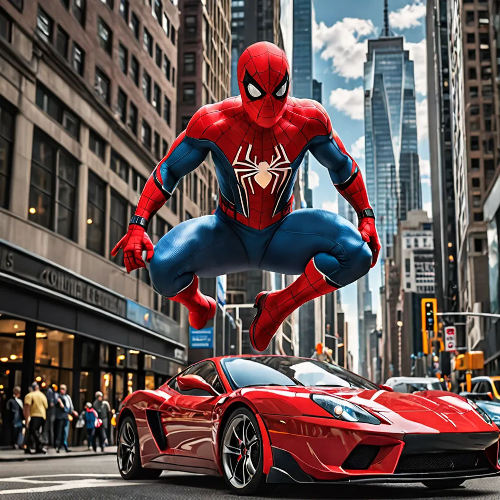 a spider man flying over a red sports car in a city street with people walking around it and a red sports car in the foreground, photorealism, a comic book panel, Alton Tobey, hyper real