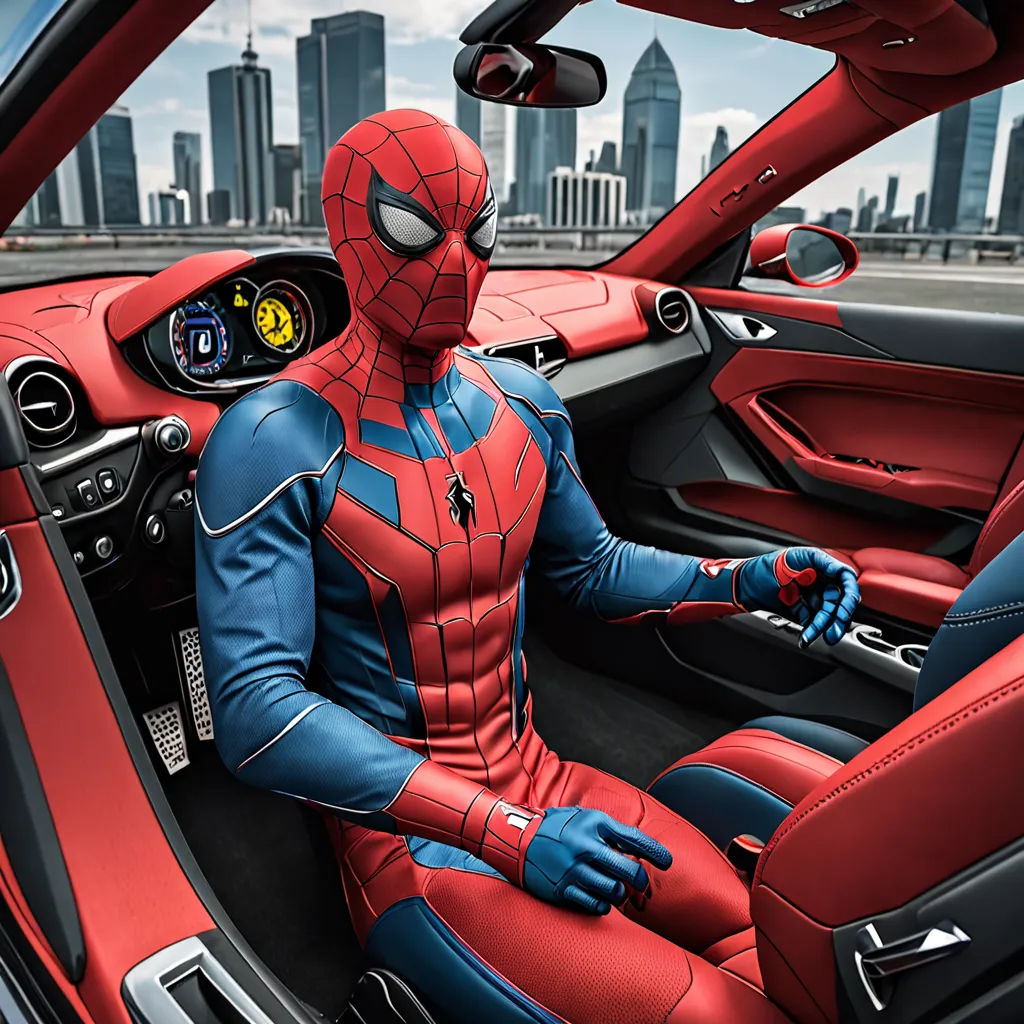 a man in a spider man suit sitting in a car with a city in the background, wearing a red and blue suit, panfuturism, a comic book panel, Alton Tobey, 4k uhd image