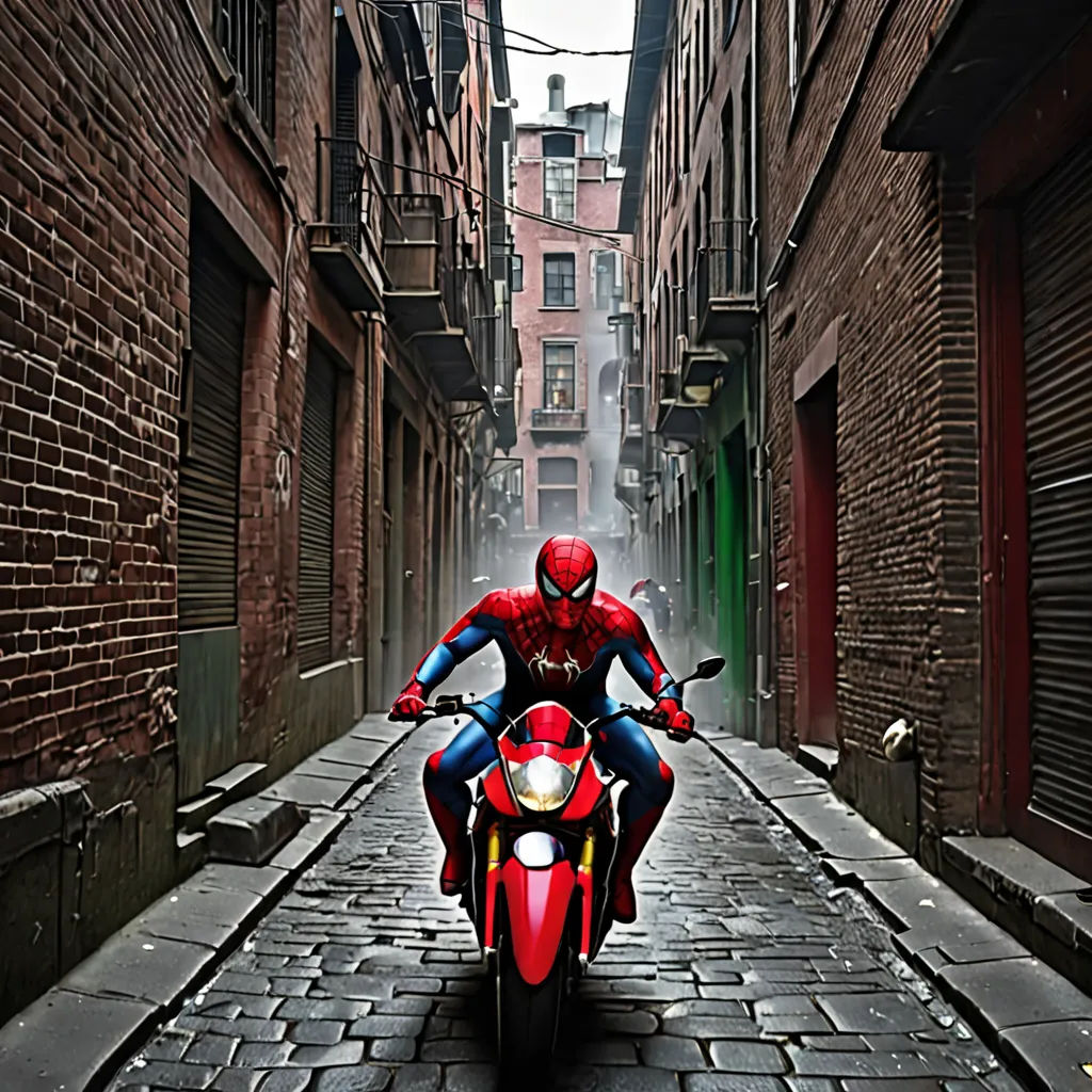 a person on a motorcycle in a narrow alleyway with buildings in the background and a spider man on the back, panfuturism, a matte painting, Alton Tobey, cinematic photography