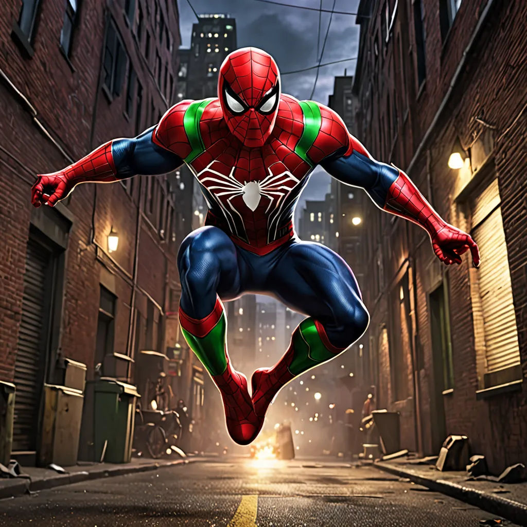 a spider man is jumping in the air in a city street at night with a city street light in the background, photorealism, concept art, Alton Tobey, key art