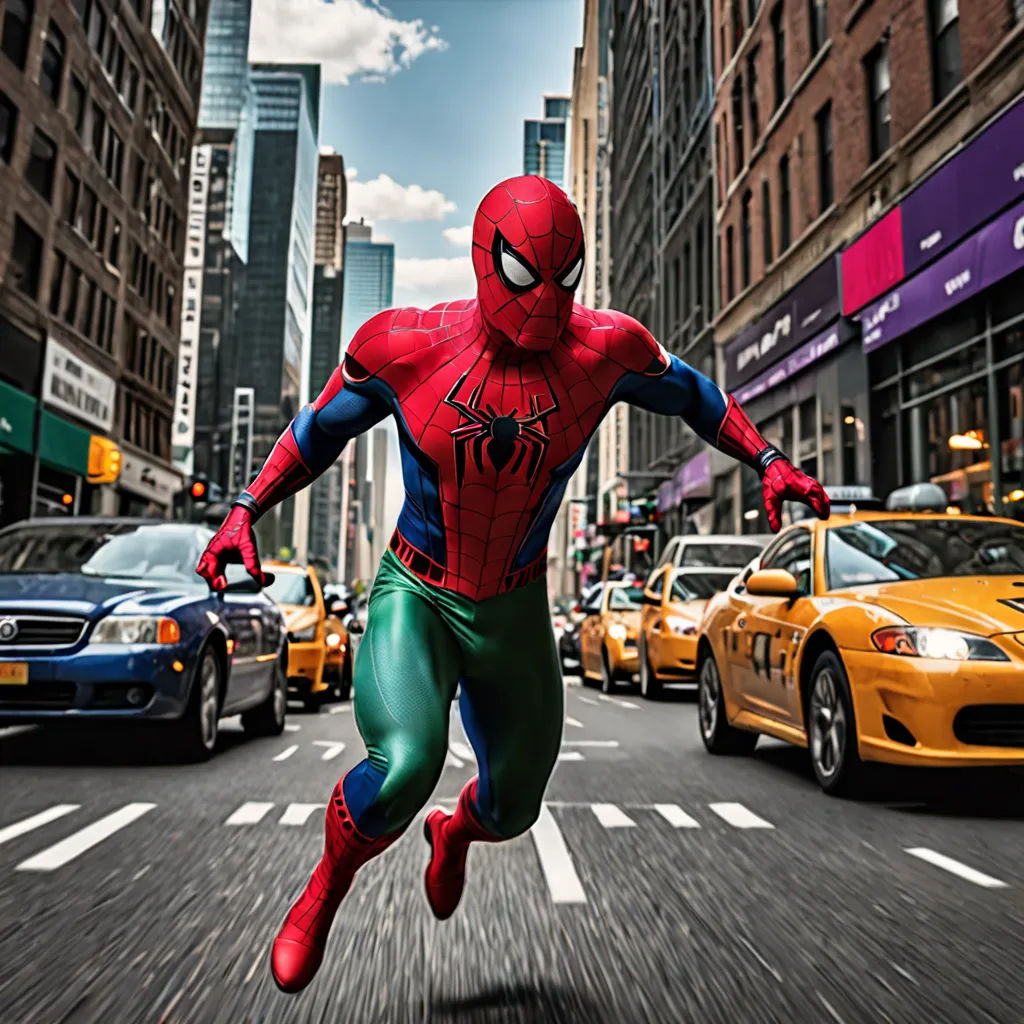 a spider man running in the middle of a busy street in a city with taxis and cars on the street, art photography, a comic book panel, Alton Tobey, marvel comics