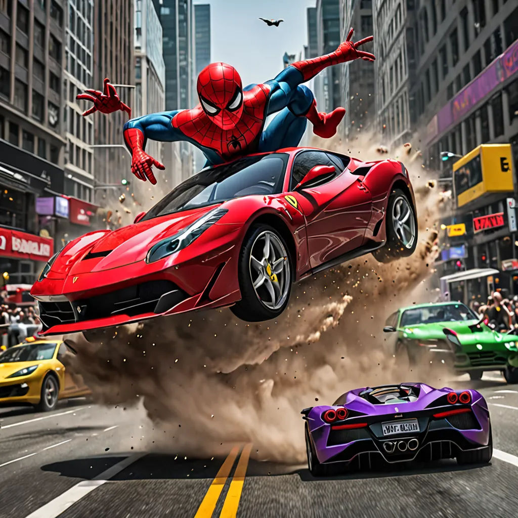 a spider man flying over a red sports car in a city street with other cars in the background and a person in the air, photorealism, computer graphics, Alton Tobey, marvel