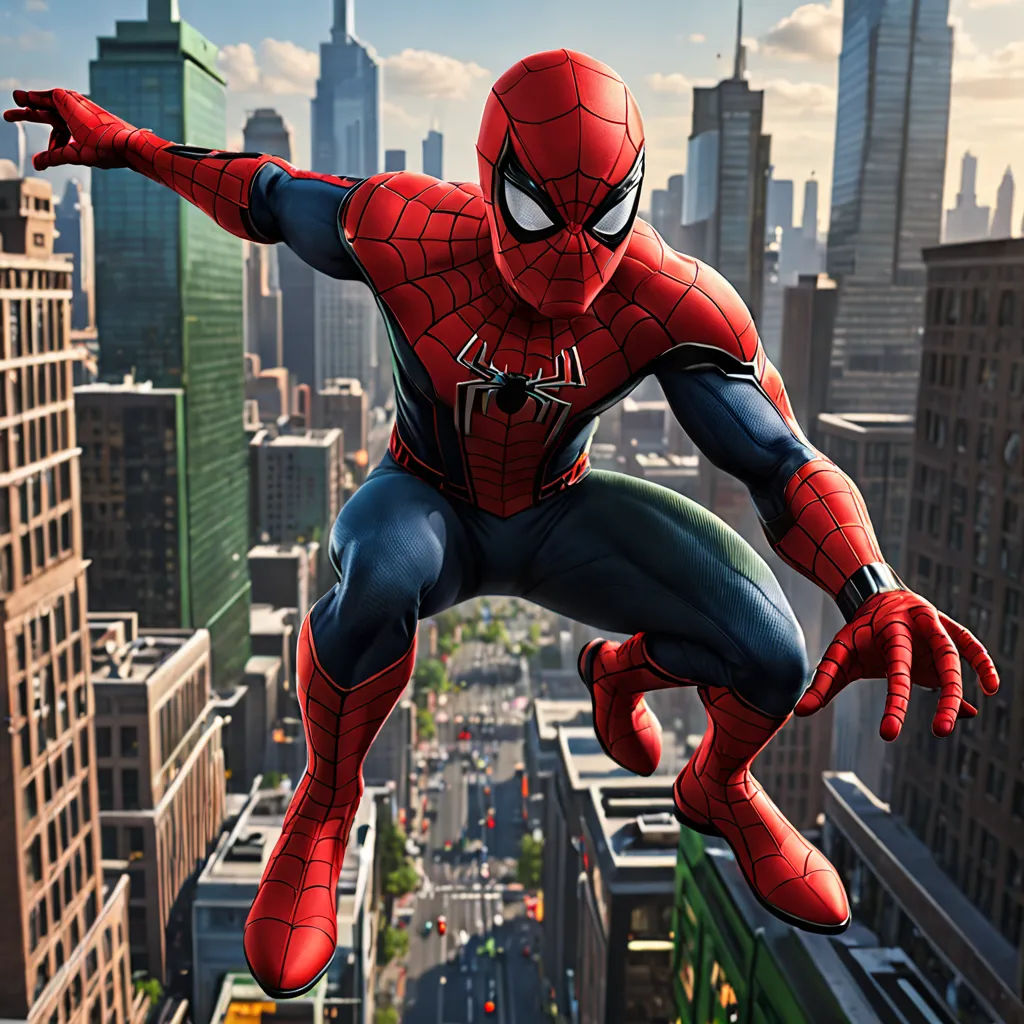 a spider man flying through the air over a cityscape with tall buildings in the background and a traffic light, photorealism, concept art, Alton Tobey, 4k uhd image