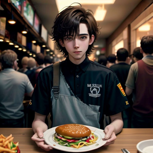 a man holding a plate with a hamburger on it in a restaurant with other people in the background and a burger on a plate