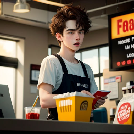 a boy in a fast food restaurant holding a box of fries and a drink in his hand and looking at the camera