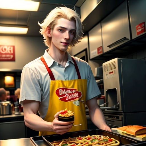 a man in a kitchen holding a hot dog and a sandwich in a pan on a table with a tray of hot dogs