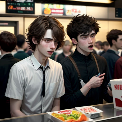 two young men standing next to each other in a room full of people and a box of food on the counter