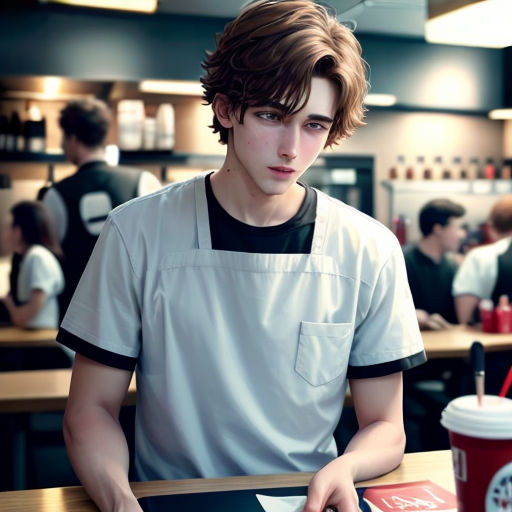 a young man sitting at a table with a cup of coffee in front of him and a menu in front of him