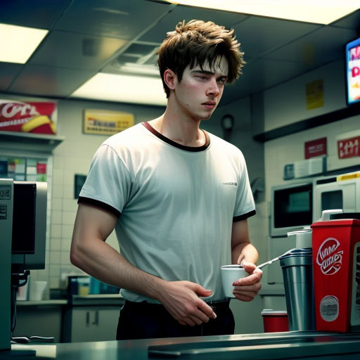a man standing in a diner holding a cup of coffee and a coke can in his hand and looking at the camera