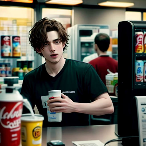 a man holding a cup of coffee in a store with a vending machine in the background and a man in the foreground