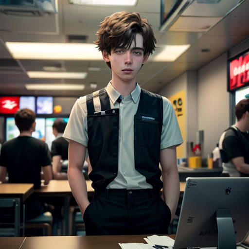a man standing in front of a laptop computer in a restaurant with people sitting at tables in the background