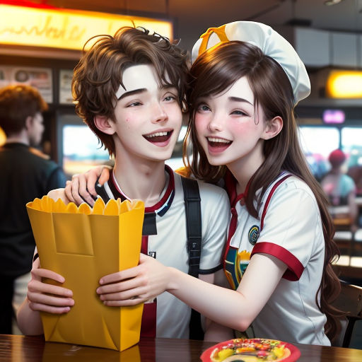 a boy and girl are posing for a picture together in a restaurant with a doughnut in front of them