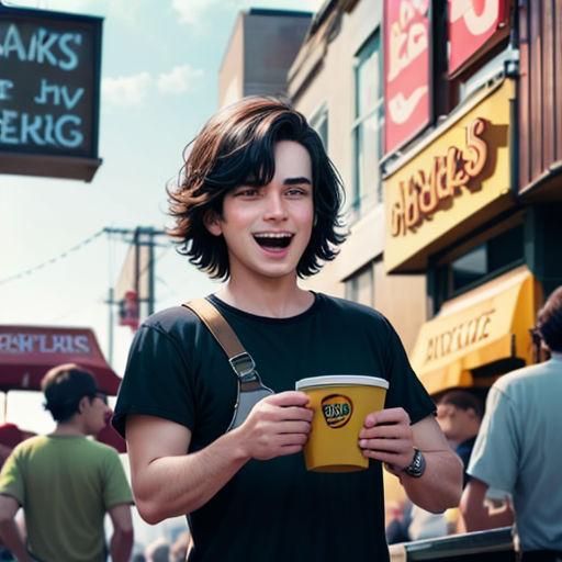 a man holding a cup of coffee in front of a store front with a lot of people walking around