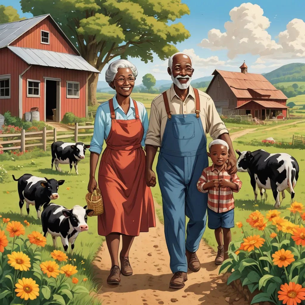 a painting of a man and woman walking with a child in a field of cows and flowers with a barn in the background, american scene painting, a storybook illustration, Americo Makk, highly detailed digital painting